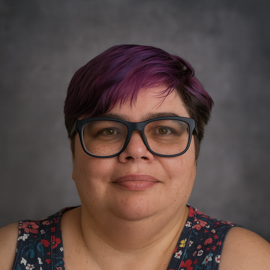 Person with purple hair and glasses against a gray background