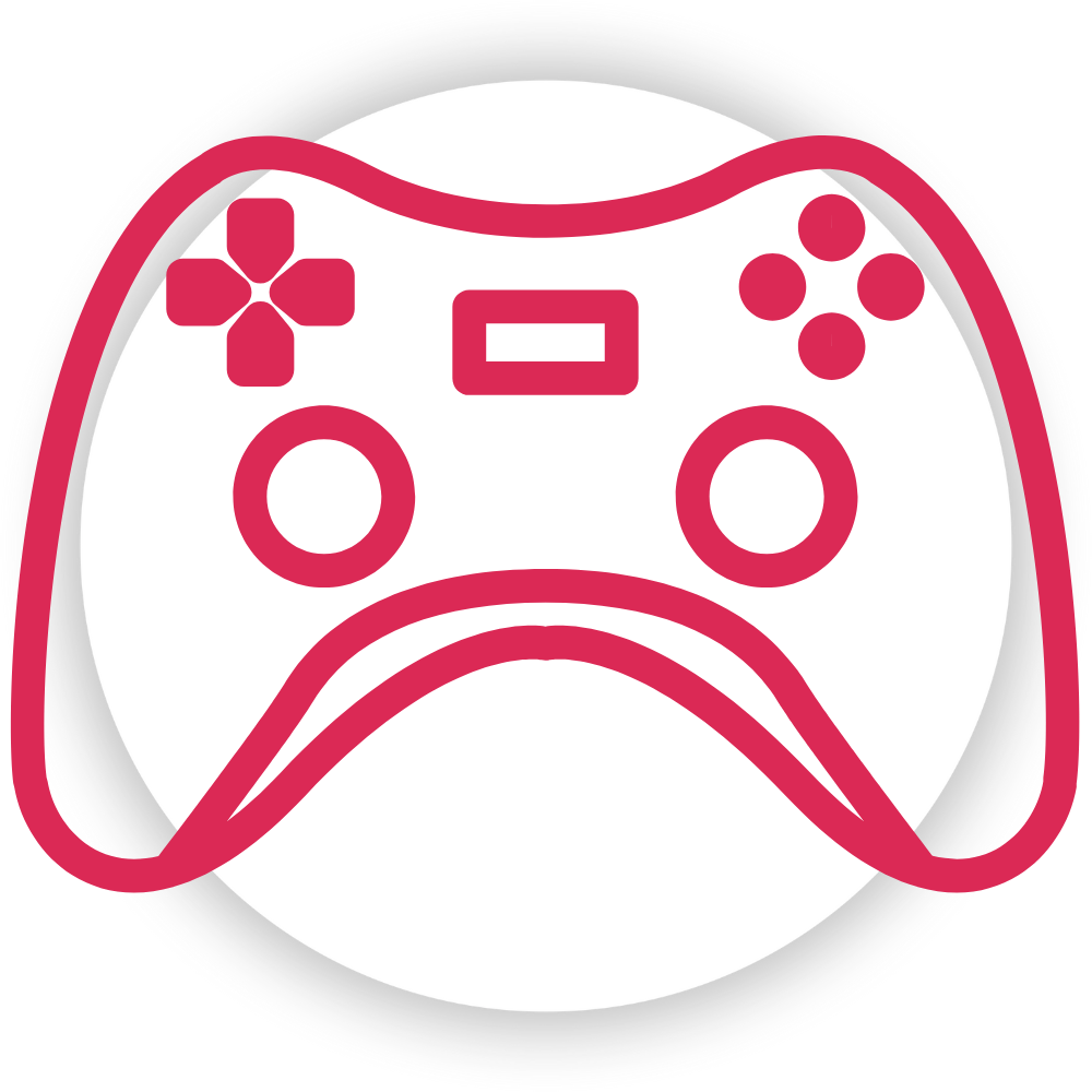 Pink gaming controller icon on a white background