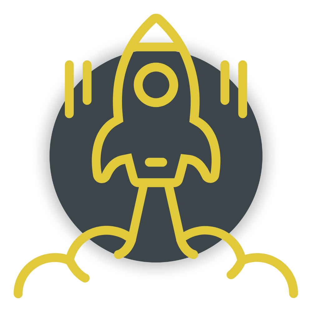 Yellow rocket icon on a black circle background
