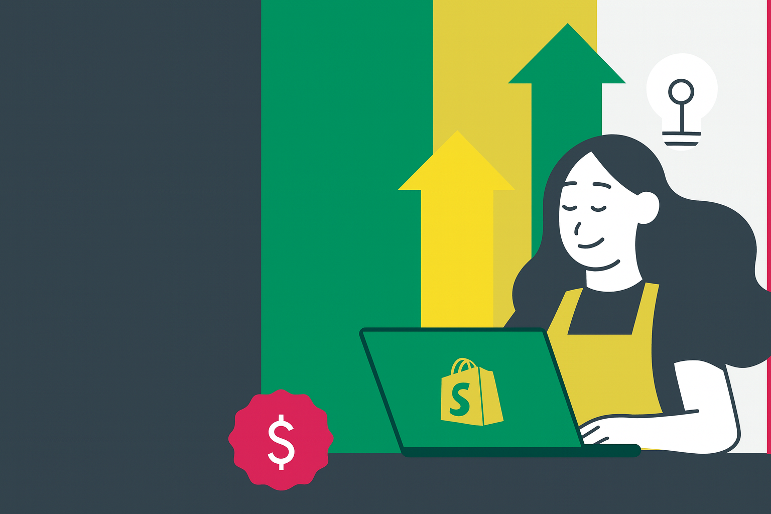 Illustration of a person using a laptop with a Shopify logo, green and yellow arrows, and dollar sign on a dark background.