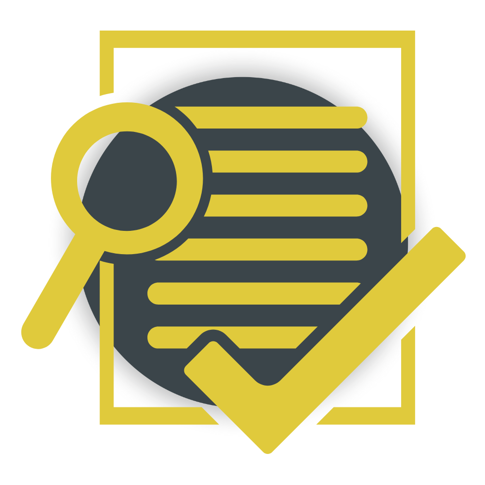Logo with a magnifying glass, shield, and checkmark on a grey background